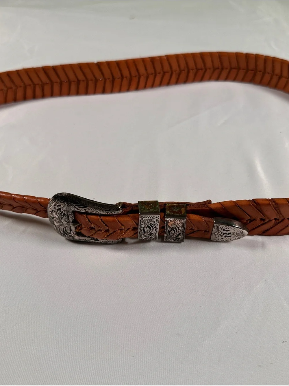 Braided Leather Western Belt with Engraved Silver Buckle - Cognac